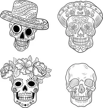 Vector set of sugar skulls. Hand drawn Cinco de Mayo illustration. Halloween Stock Illustration