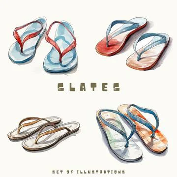 Vector set of summer flip flops. Hand drawn watercolor illustration. Stock Illustration