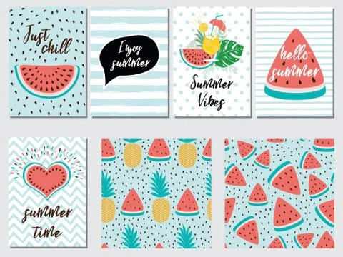 Vector set of Summer holiday cards with fruit watermelon pineapple Quotes Blu Stock Illustration