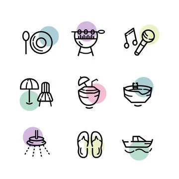 Vector set summer icons with cute colors background Stock Illustration