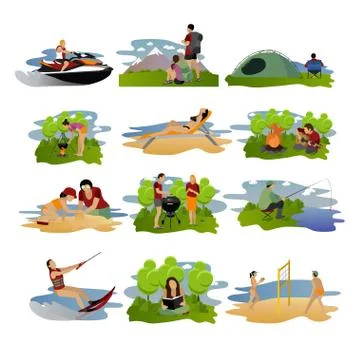Vector set of summer recreation concept design elements. Cartoon labels. Beach Stock Illustration