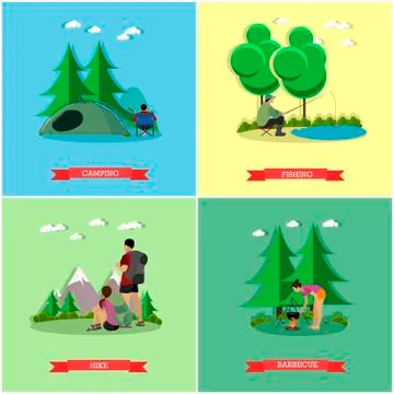 Vector set of summer recreation concept banners in flat style. People camping in Stock Illustration