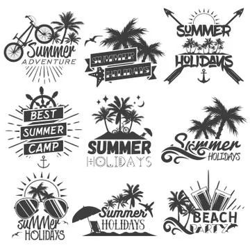 Vector set of summer season labels in vintage style. Summer camp, beach holidays イラスト素材