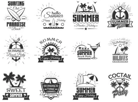Vector set of summer season labels in vintage style. Design elements, icons Stock Illustration