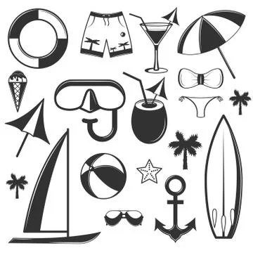 Vector set of summer season objects in vintage style. Design elements, icons Stock Illustration