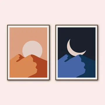 Vector set of sun and moon on desert mountain landscape Ilustração Stock