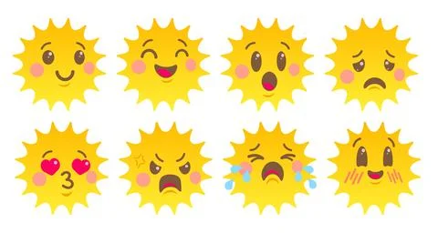 Vector set of sun emoji in cute kawaii flat design style. Vector sun cartoo.. Illustrazione stock