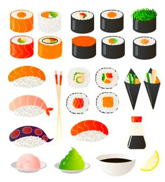Vector set of sushi and rolls of bright colors. Asian food. Stock Illustration