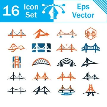 Vector set of suspension bridge icons and modern architectural structures Stock Illustration