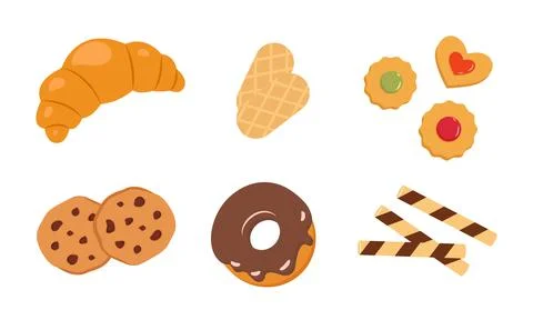 Vector set of sweet bakery items including cookies, donut, croissant Stock Illustration