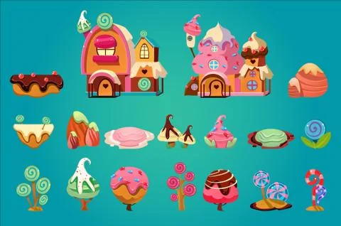 Vector set of sweet landscape elements for fantasy computer or mobile game イラスト素材