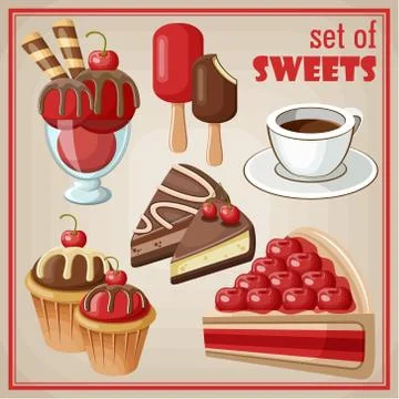 Vector set of sweets and cakes, ice cream and cupcakes. Stock Illustration