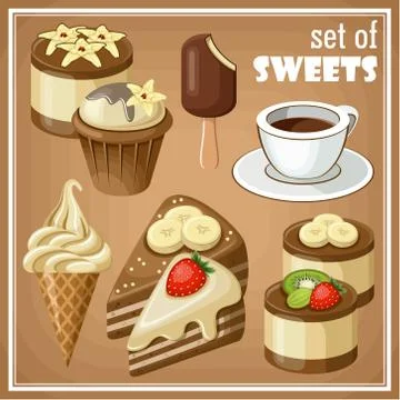 Vector set of sweets and cakes, ice cream and cupcakes. Stock Illustration