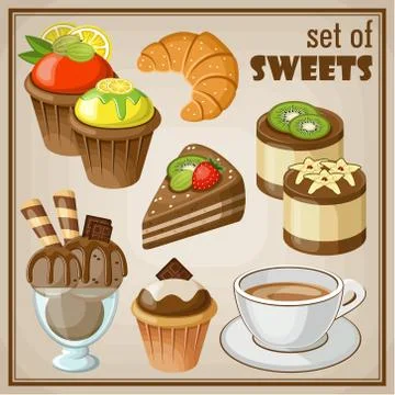 Vector set of sweets and cakes, ice cream and cupcakes. Stock Illustration