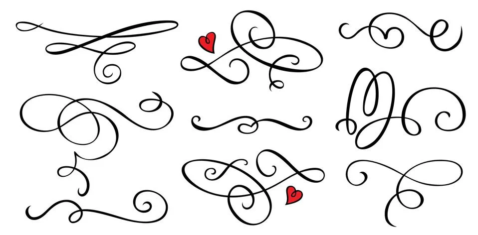 Vector set of swirl divides with red heart detail. Print illustration Stock Illustration