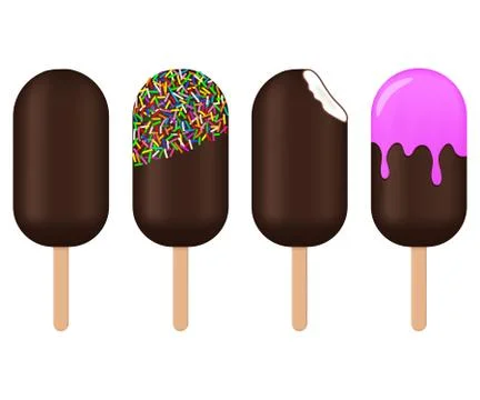 Vector set of tasty Chocolate bar popsicle. whole, bitten, sprinkles Stock Illustration