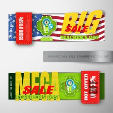 Vector set of Teacher's Day big and mega sale banners with green label cut .. Stock Illustration