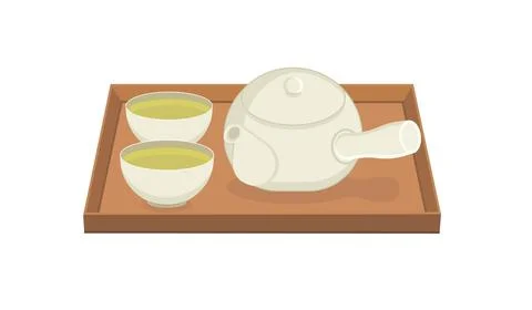 Vector set of teapot, tray and two cups in flat style. Tea ceremony concept. Stock Illustration