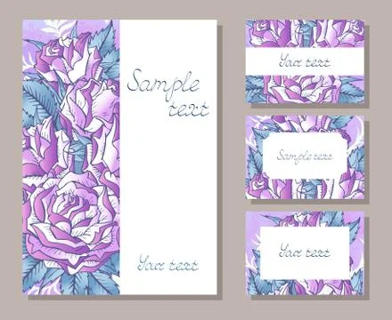 Vector set of templates invitations or greeting cards with hand drawn roses. Stock Illustration