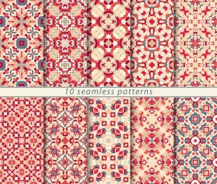 Vector set of ten seamless abstract patterns in ethnic style. Stock Illustration