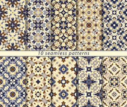 Vector set of ten seamless abstract patterns in ethnic style. 스톡 일러스트