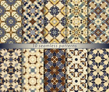 Vector set of ten seamless abstract patterns in ethnic style. Illustrazione stock
