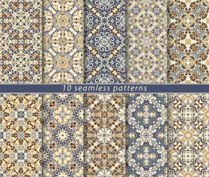 Vector set of ten seamless abstract patterns in ethnic style. Stock Illustration