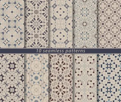 Vector set of ten seamless abstract patterns in ethnic style. Stock Illustration