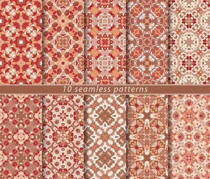Vector set of ten seamless abstract patterns in ethnic style. Illustrazione stock