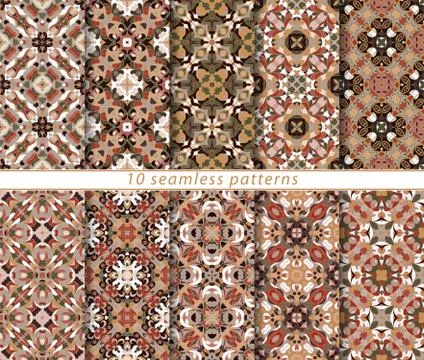 Vector set of ten seamless abstract patterns in ethnic style. Stock Illustration
