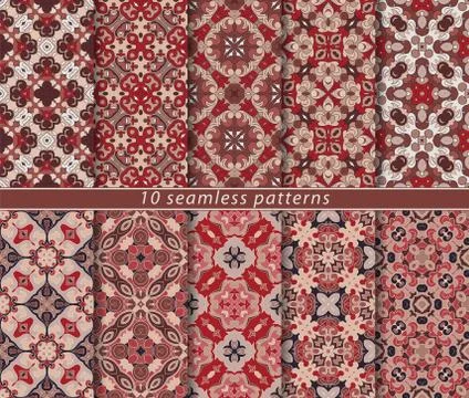 Vector set of ten seamless abstract patterns in ethnic style. Stock Illustration