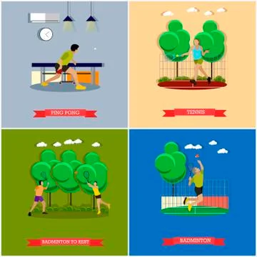 Vector set of tennis, ping pong and badminton, flat design Stock Illustration