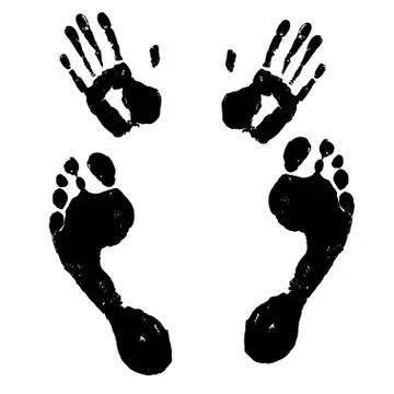 Vector set of texture and grunge hand and foot prints. Collection of black te Stock Illustration