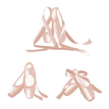 Vector set of thee pairs of ballet pointe shoes with ribbons Stock Illustration