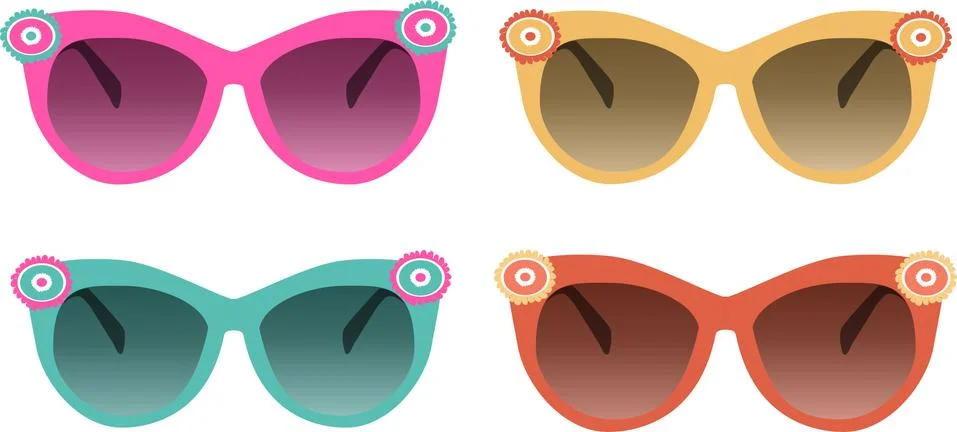 Vector set of their four sunglasses in different colors with floral decor Stock Illustration