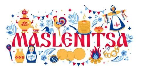 Vector set on the theme of the Russian holiday Carnival. Russian translation Stock Illustration