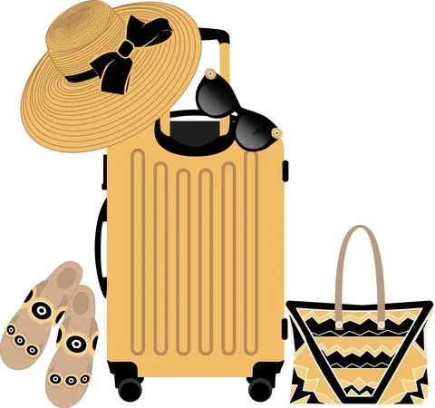 Vector set of things for travel, including a suitcase, a hat with a wide brim Stock Illustration