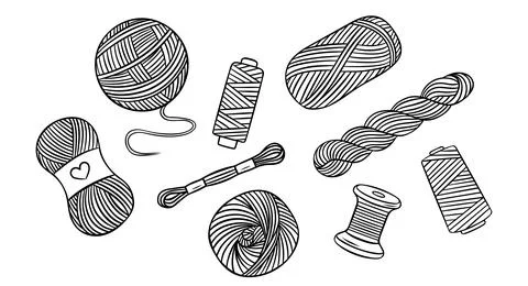 Vector set, threads and yarn for knitting and embroidery, simple black and .. Illustrazione stock