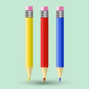 Vector set of three colorful pencils - red, blue, and yellow colors. Stock Illustration