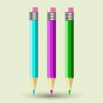 Vector set of three colorful pencils - greenish-blue, violet, and green color Stock Illustration