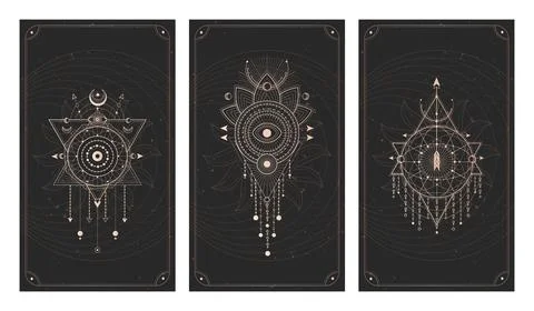 Vector set of three dark backgrounds with geometric symbols, grunge textures  Stock Illustration