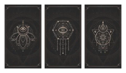 Vector set of three dark backgrounds with geometric symbols, grunge textures  Stock Illustration