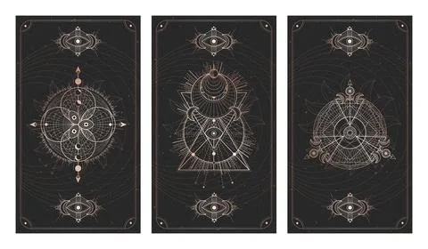 Vector set of three dark backgrounds with sacred symbols, grunge textures and Stock Illustration