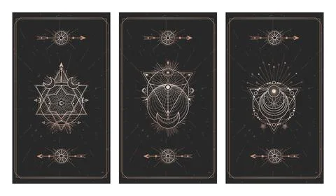 Vector set of three dark backgrounds with sacred symbols, grunge textures and Stock Illustration