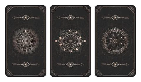 Vector set of three dark backgrounds with sacred symbols, grunge textures and Illustrazione stock