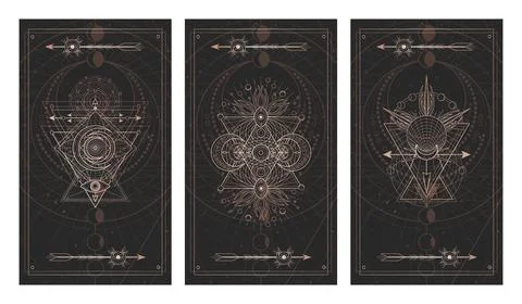 Vector set of three dark backgrounds with sacred symbols, grunge textures and Stock Illustration