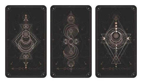 Vector set of three dark backgrounds with sacred symbols, grunge textures and Stock Illustration