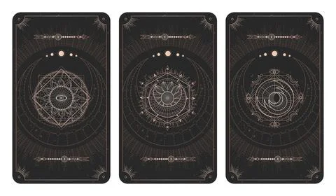 Vector set of three dark backgrounds with sacred symbols, grunge textures and Stock Illustration