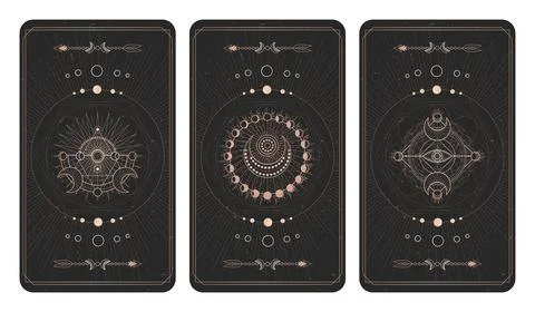 Vector set of three dark backgrounds with sacred symbols, grunge textures and Stock Illustration