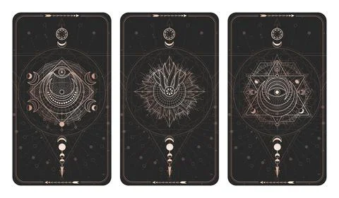 Vector set of three dark backgrounds with sacred symbols, grunge textures and Stock Illustration